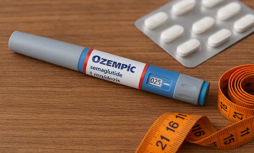 Ozempic injekciós toll, fehér tabletták és narancssárga mérőszalag egy fa felületen.